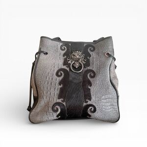 Sharif Lion Head Drawstring Suede tote Gray Black